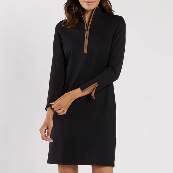 $258 NWOT Jude Connally Anna Knit Ponte Dress in Black & Saddle Brown Trim  XL - Picture 1 of 10